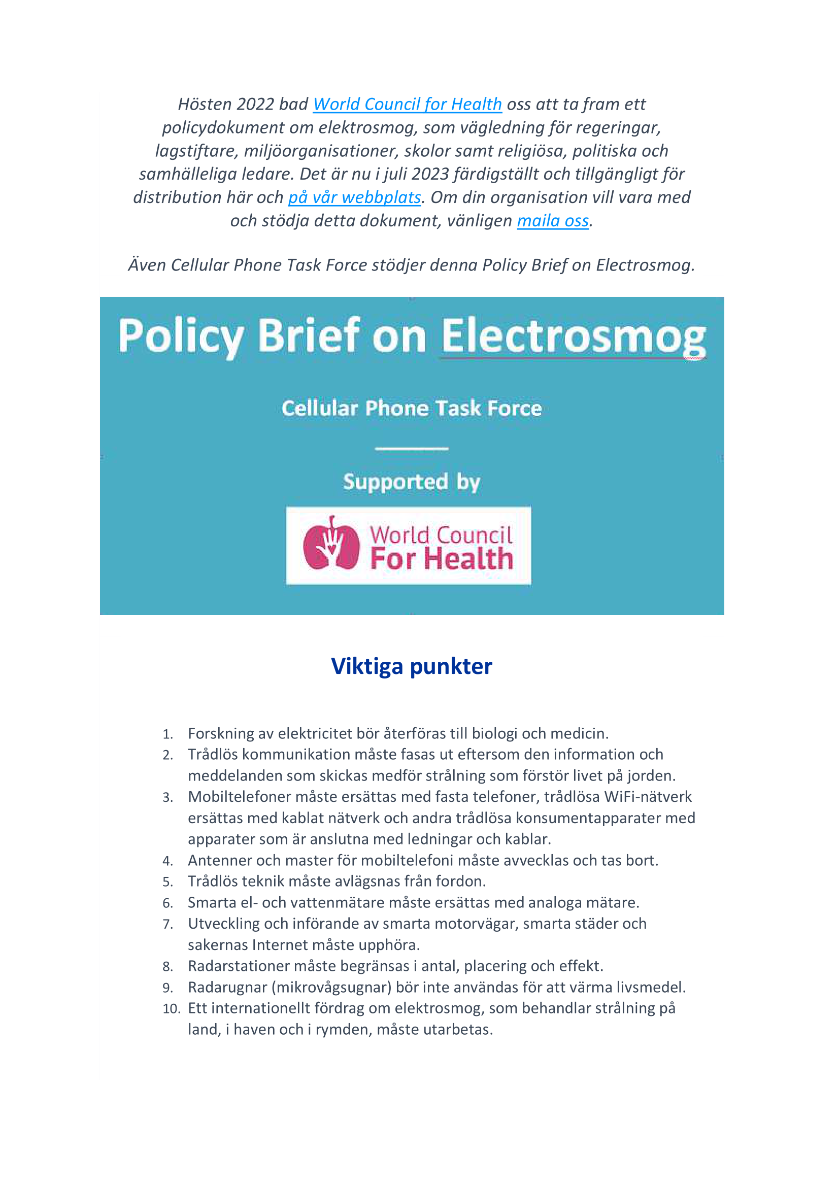 Elektrosmog policy svensk version – Cellphone task force och World Council for Health